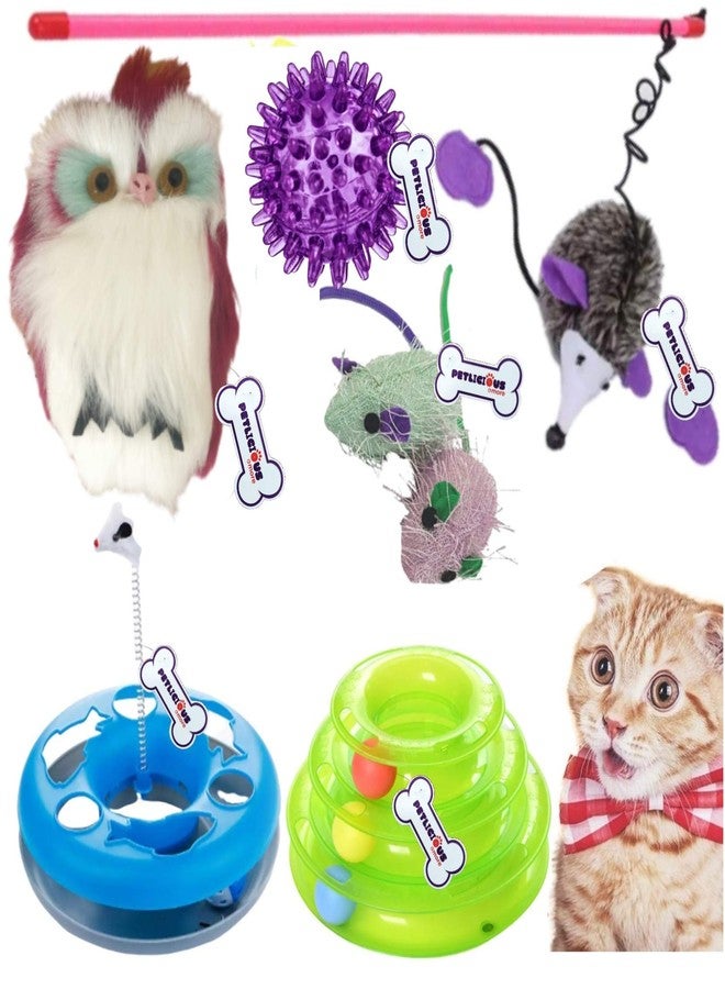 PETLICIOUS & MORE مجموعة ألعاب القطط Petlicious & More 6 في 1 - لعبة دوارة للقطط | برج المسار | عصا الفأر | فأر متحرك | لعبة فأر قطيفة | لعبة كرة LED (مجموعة من 6 قطع) - Image 1